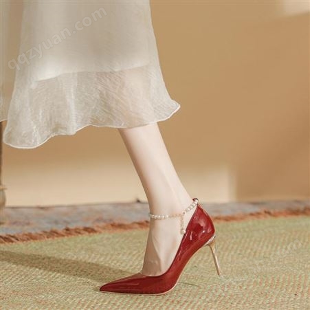 H893-5酒红色高跟鞋女脚环珠细跟浅口夏季女鞋气质名媛羊皮鞋
