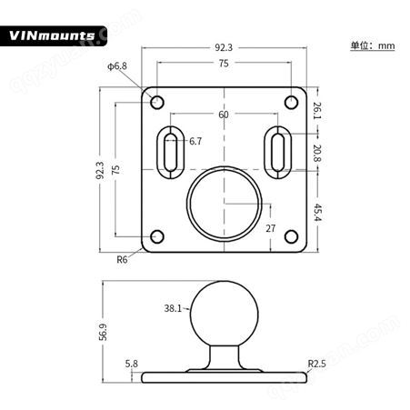 VINmounts®75X75mmVESA标准孔距底座-1.5”球头匹配VESA行业标准
